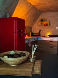 uma cozinha com um frigorífico vermelho e uma tigela de comida em Leśny Dwór em Janowice Wielkie