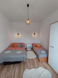 a room with two beds and a mirror at Apartament Domowe Zacisze 1 in Choczewo +31 photos