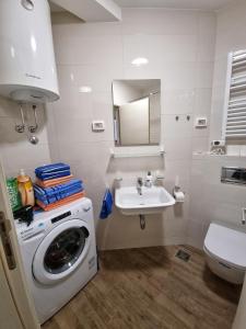 uma casa de banho com uma máquina de lavar roupa e um lavatório em Riverside Apartment em Podgorica