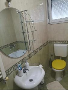 een badkamer met een wastafel, een toilet en een spiegel bij W Apartman in Gornji Milanovac