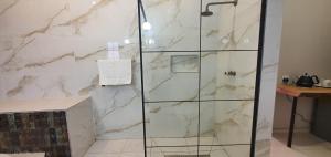 um chuveiro com uma porta de vidro na casa de banho em The Lux Guesthouse em Kroonstad