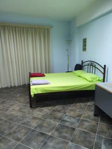 um quarto com uma cama com uma colcha verde em Houses in the Village em Kavala
