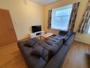 ein Wohnzimmer mit einem Sofa und einem TV in der Unterkunft Appartement zur Post in Ferlach