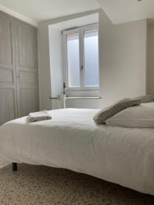 1 dormitorio blanco con 1 cama grande y ventana en Les gites de la Vallée Noire, en La Châtre