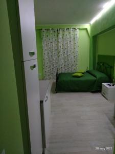 a bedroom with green walls and a green bed at ALLOGGIO VERDE nel CUORE DI SORIANO in Soriano nel Cimino