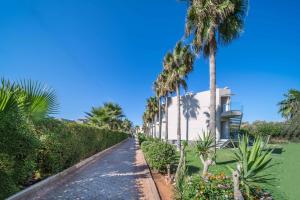 eine Straße mit Palmen und einem weißen Gebäude in der Unterkunft Aeolos Beach Resort in Malia