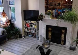 een woonkamer met een open haard en een televisie bij Entire 1-Bed Apartment in London Haringey in Londen