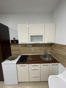 una pequeña cocina con fregadero y microondas en Apartman Sara en Višegrad