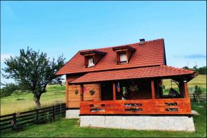 una pequeña casa con techo rojo en un campo en Kremanski čardak, en Kremna