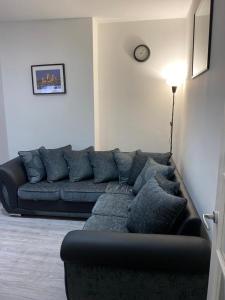 a living room with a black couch and a lamp at London flat with garden in Catford