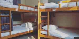 two bunk beds with white pillows in a room at DongNing Atlas Hotel in Tainan