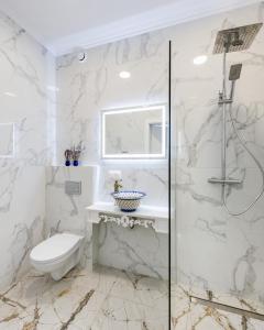 a white bathroom with a toilet and a shower at Noclegi Biała Róża in Bolesławiec