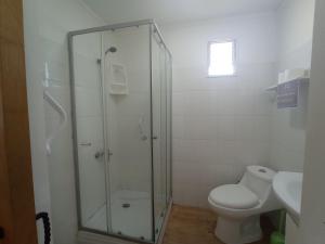 a bathroom with a toilet and a glass shower at Loft Tongoy 1 frente al mar in Coquimbo