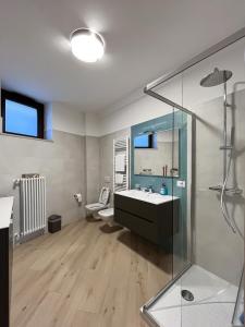 een badkamer met een wastafel, een toilet en een spiegel bij Appartamento con Vista Montagna in Pietrapertosa