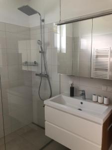 ein weißes Bad mit einer Dusche und einem Waschbecken in der Unterkunft Exklusive Ferienwohnung am Prielerweg in Hinterstoder in Hinterstoder