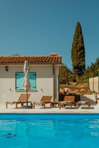 a house with a pool and two chairs and a umbrella at Casa Cavi Istria in Oprtalj