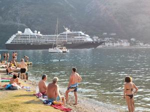 a group of people on the beach with a cruise ship at Apartments Bogdanovic in Kotor