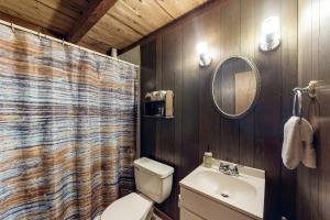 a bathroom with a toilet and a sink and a mirror at Cabin on Long Pond in Cornish