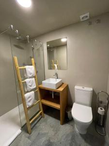 a bathroom with a toilet and a sink and a mirror at Hotel Calitxo in Molló