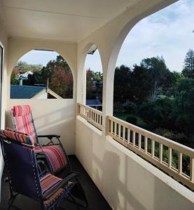 two rocking chairs on a porch looking out at the trees at Heart of Kerikeri - The Studio in Kerikeri