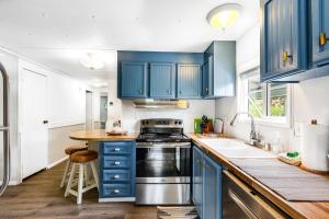 a kitchen with blue cabinets and a sink at Hoodsport Hideaway in Hoodsport