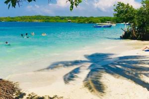 a shadow of a person on a beach with people in the water at Palmetto2803 in Cartagena de Indias