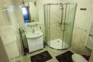 ein Badezimmer mit Dusche, Waschbecken und Toilette in der Unterkunft Apartament Pod Aniołem - 44 in Kazimierz Dolny + 31 Fotos