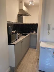 a kitchen with a sink and a microwave at Cosy 1 Bedroom Apartment in London