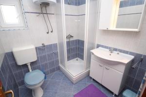 La salle de bains est pourvue de toilettes, d'un lavabo et d'une douche. dans l'établissement Apartment Metajna 527f, à Metajna
