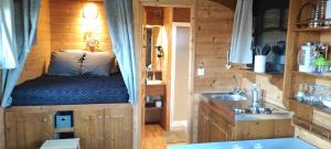 ein Schlafzimmer in einem winzigen Haus mit einem Bett und einem Waschbecken in der Unterkunft le domaine des drôles de dames in Buding