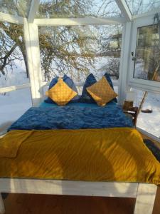 una camera da letto con un letto con cuscini blu e gialli di Glashaus Sternblick, Schlafen unterm Sternenhimmel a Neustadt am Kulm