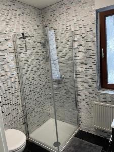 La salle de bains est pourvue d'une douche avec une porte en verre. dans l'établissement Zimmer im Herzen von Durlach, à Karlsruhe