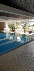 un edificio con piscina con tavoli e piante in vaso di Schöne Apartment in Bayerische Wald,Sankt Englmar a Sankt Englmar