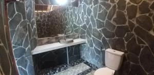 baño con aseo y pared de piedra en Villa Lumbung Ayu Sari & Spa, en Karangasem