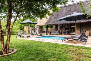 una piscina con sillas y sombrillas junto a una casa en Ntamba Safari Lodge, en Matlhagame