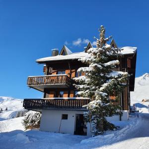 un edificio cubierto de nieve con un árbol delante de él en Les RHODOS 3 en Les Crosets