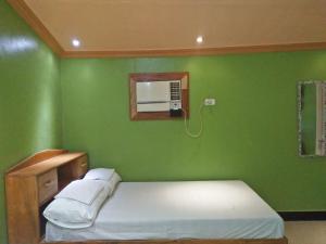 1 dormitorio verde con 1 cama y TV en Villa Corrales Homestay, en Mambajao