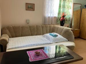 ein Wohnzimmer mit einem Sofa und einem Glastisch in der Unterkunft DOMOV-VINA Holiday Apartment in Znojmo