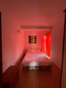um quarto com uma cama num quarto vermelho em Apartman Jole em Razanj