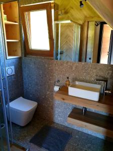 a bathroom with a sink and a toilet and a mirror at Osada Gorce in Nowy Targ