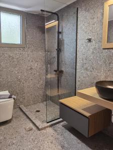 a bathroom with a glass shower and a sink at Red in Vlikhón +7 photos
