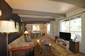 - un salon avec un canapé et une télévision dans l'établissement Bigfoot Cabin at Pine Mountain Lake, à Groveland