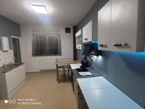a kitchen with white cabinets and a counter top at Convenient Appartment in Nürnberg