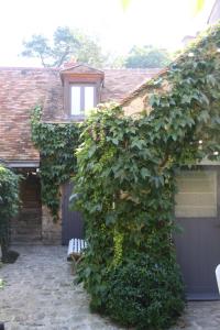 ein mit Efeu bewachsenes Haus mit einer Garage und einem Fenster in der Unterkunft L'Hibernie in Rochefort-en-Yvelines