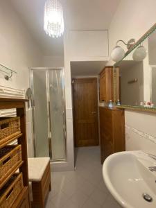 a bathroom with a sink and a shower and a mirror at Appartamento indipendente con giardino Fralù in Florence