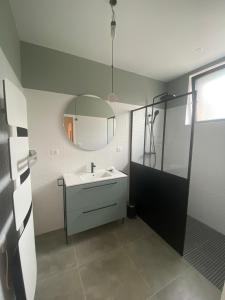 uma casa de banho com um lavatório e um espelho em LA GRANGE em Anzin-Saint-Aubin