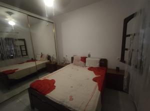1 dormitorio con 1 cama con sábanas rojas y espejo en Olive tree house, en Sozopoli