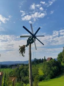 a windmill sitting on top of a wooden pole at Kellerstöckl Maierjörgl in Sankt Martin im Sulmtal