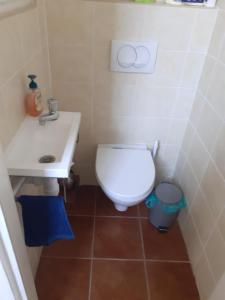 een badkamer met een wit toilet en een wastafel bij Budapest City Bridge Apartman in Boedapest