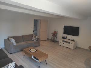 a living room with a couch and a flat screen tv at Entre blé et lavande in Bonnieux